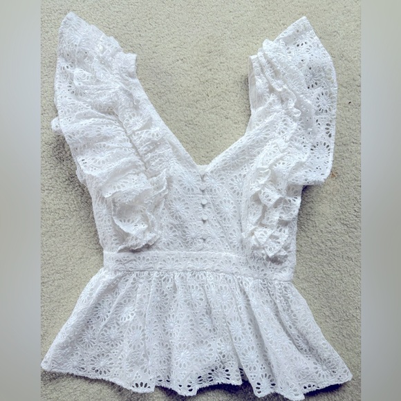 J. Crew Collection Floral Eyelet Lace Flutter Sleeve V Neck White Top XS - Picture 1 of 5